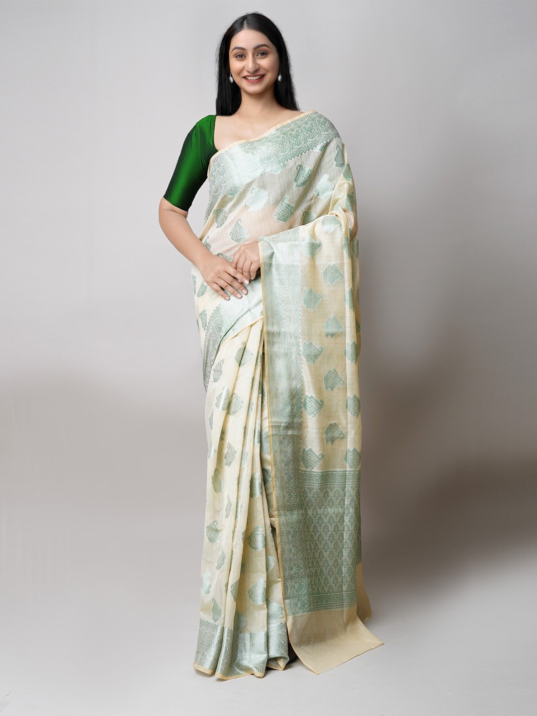 

Unnati Silks Ethnic Motifs Woven Design Zari Silk Cotton Banarasi Saree, Cream
