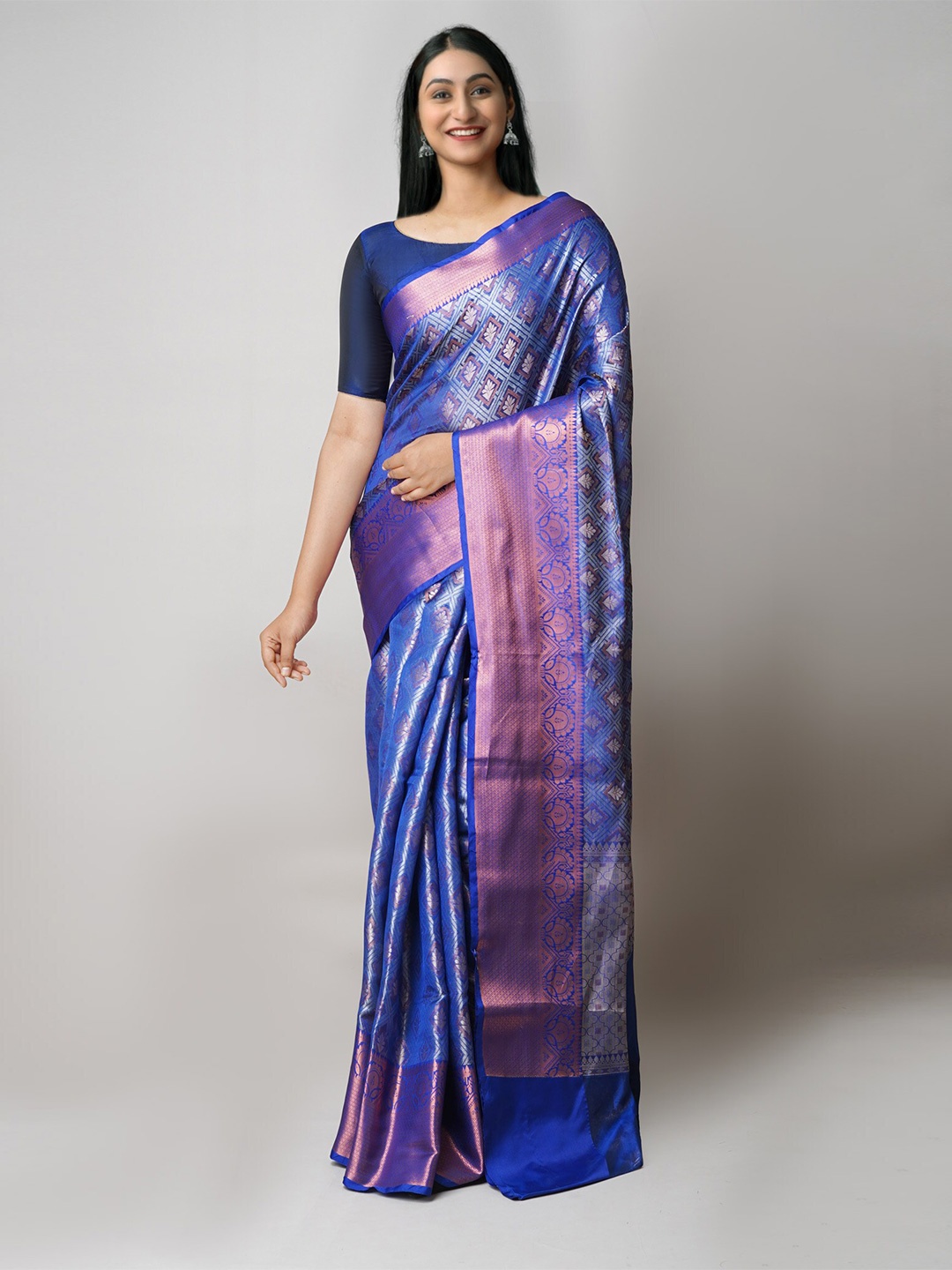 

Unnati Silks Ethnic Motifs Woven Design Zari Silk Cotton Banarasi Saree, Blue