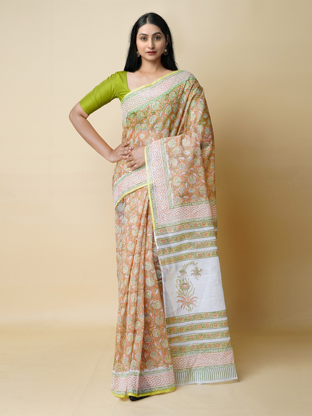 

Unnati Silks Ethnic Motifs Printed Pure Cotton Kota Saree, Orange