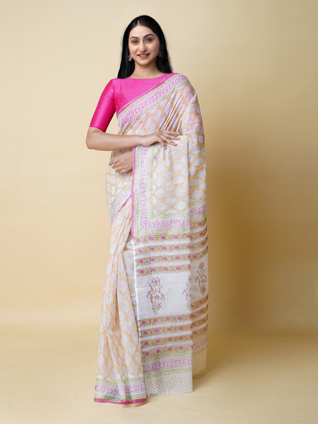 

Unnati Silks Block Printed Pure Cotton Kota Saree, Cream