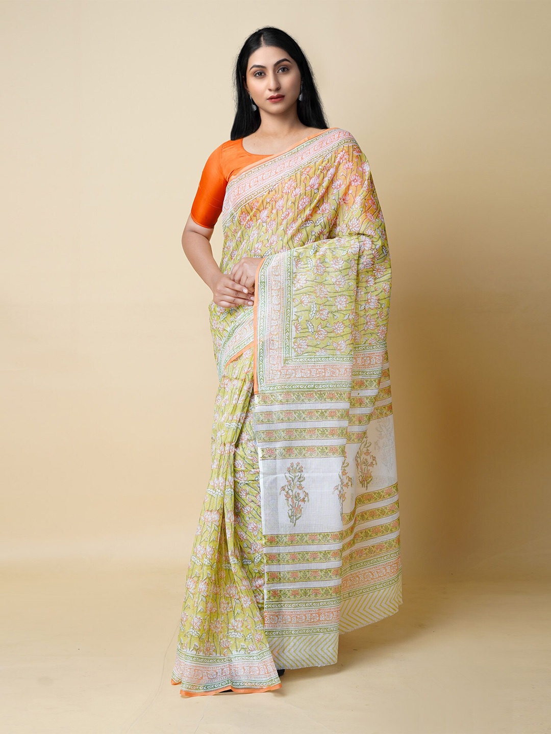 

Unnati Silks Floral Printed Pure Cotton Kota Saree, Green