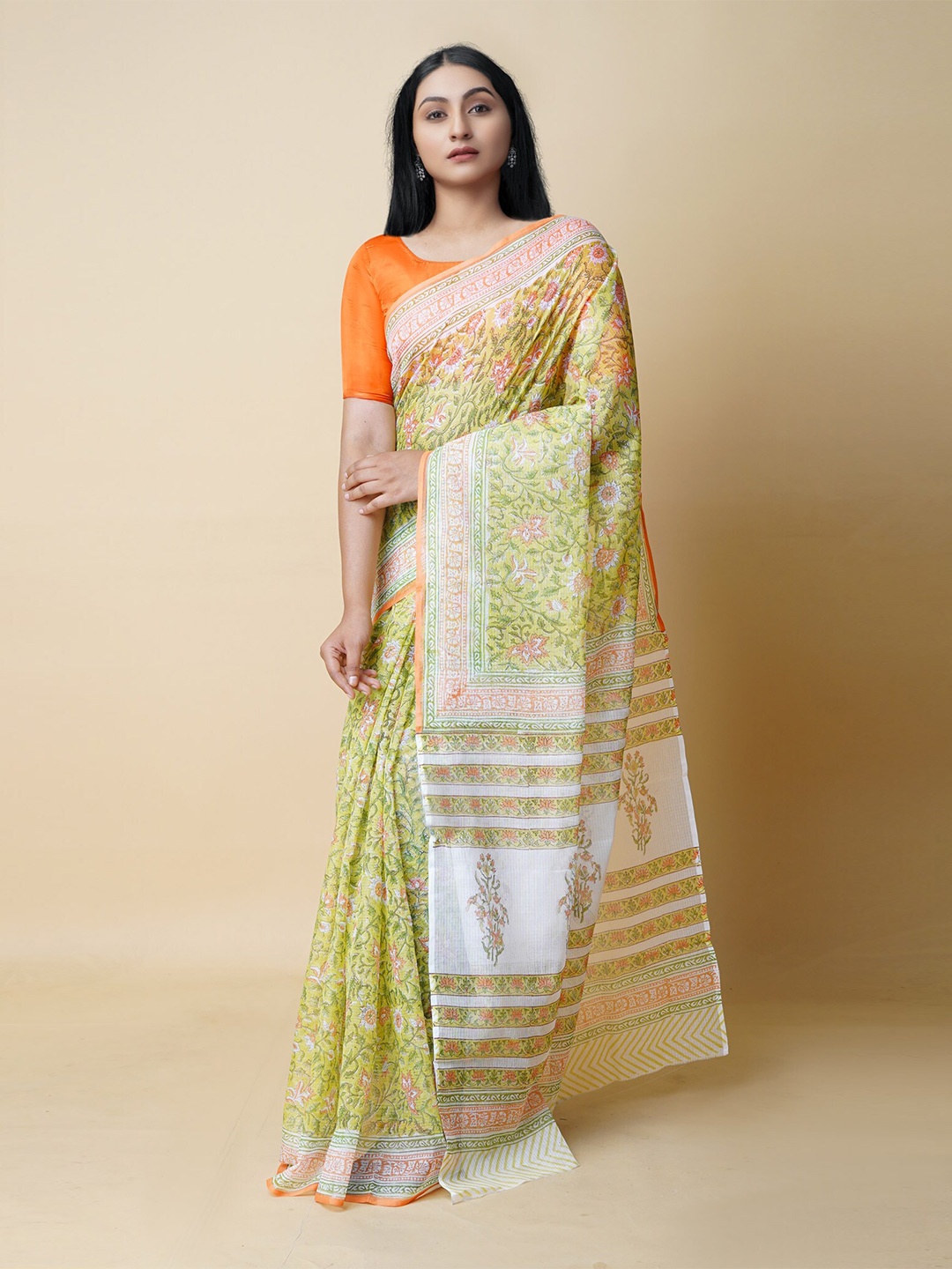 

Unnati Silks Block Printed Pure Cotton Kota Saree, Green