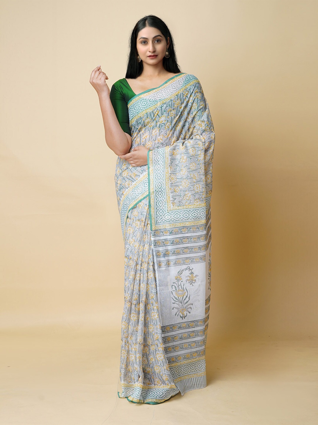 

Unnati Silks Floral Printed Pure Cotton Kota Saree, Grey