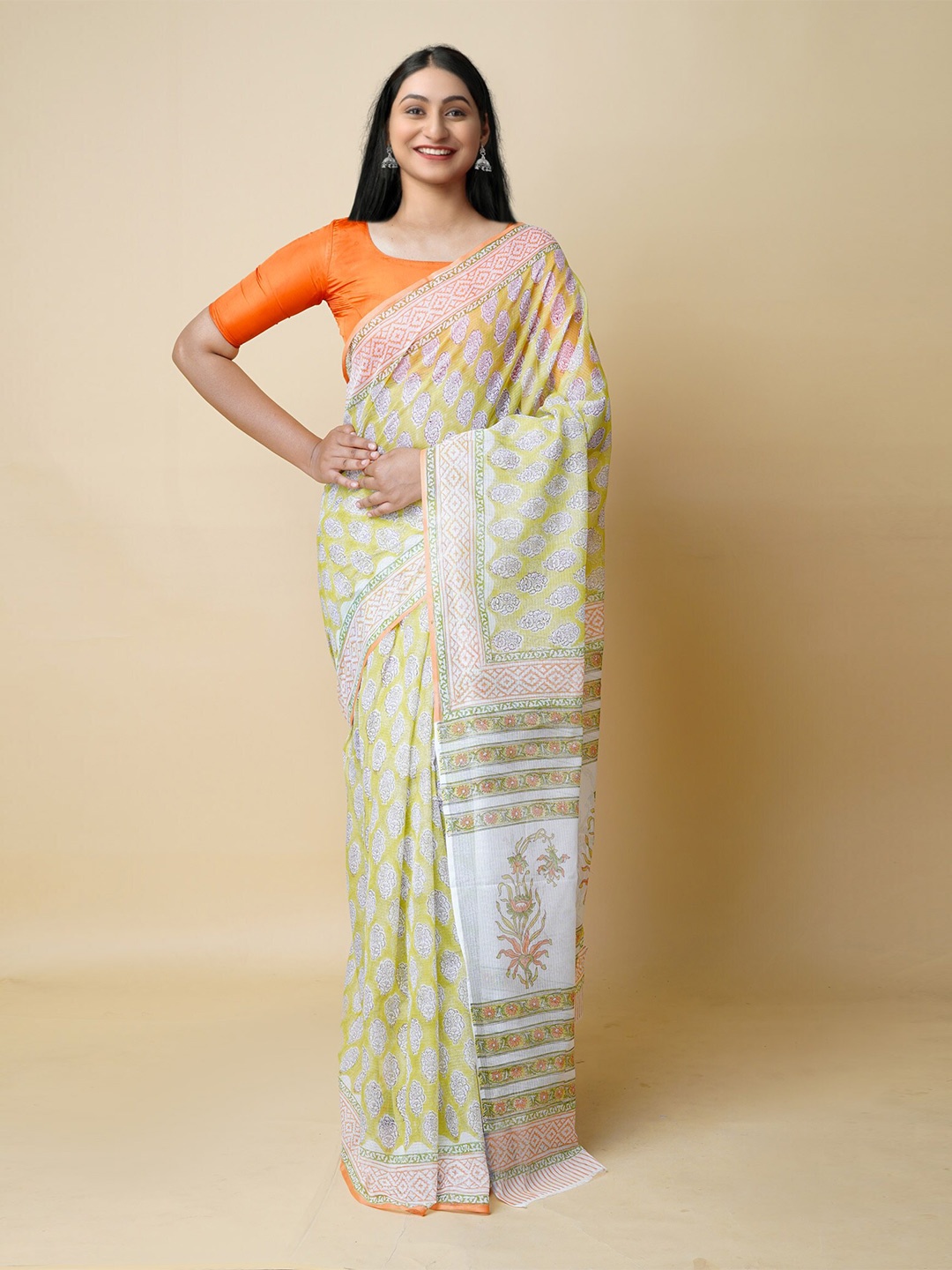 

Unnati Silks Floral Printed Pure Cotton Kota Saree, Green