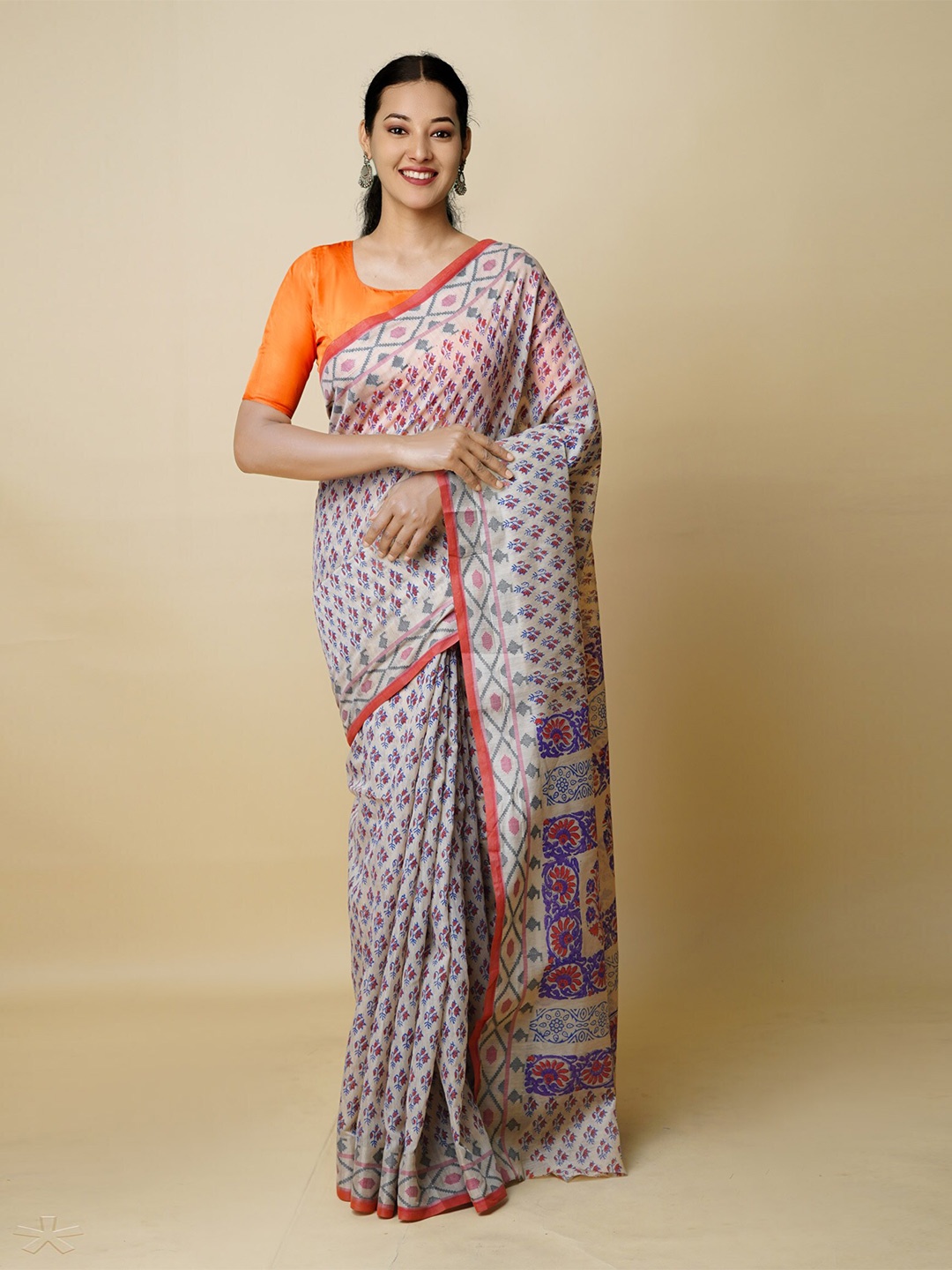 

Unnati Silks Floral Printed Silk Cotton Chanderi Saree, Cream