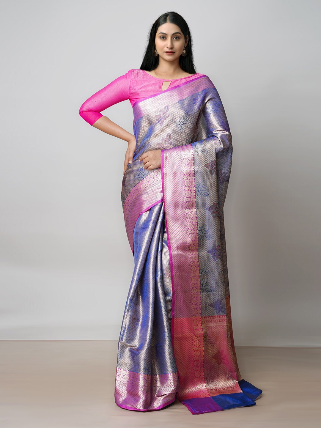 

Unnati Silks Floral Woven Design Zari Banarasi Saree, Navy blue