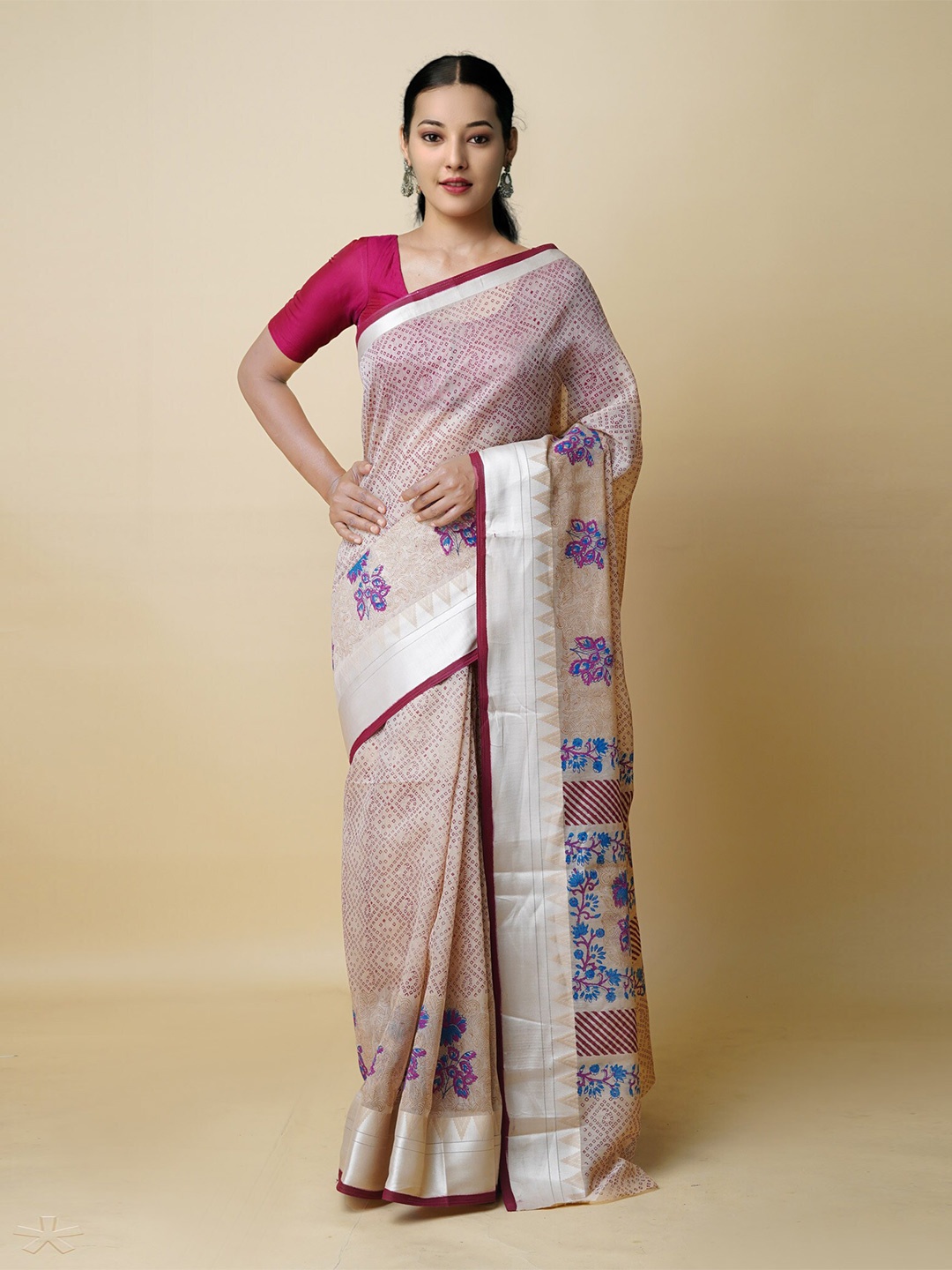 

Unnati Silks Ethnic Motifs Printed Chanderi Saree, Cream