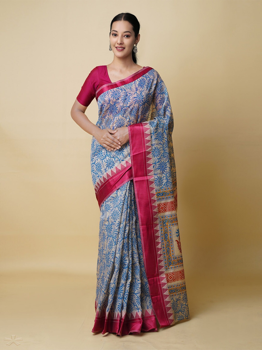 

Unnati Silks Floral Printed Chanderi Saree, Cream