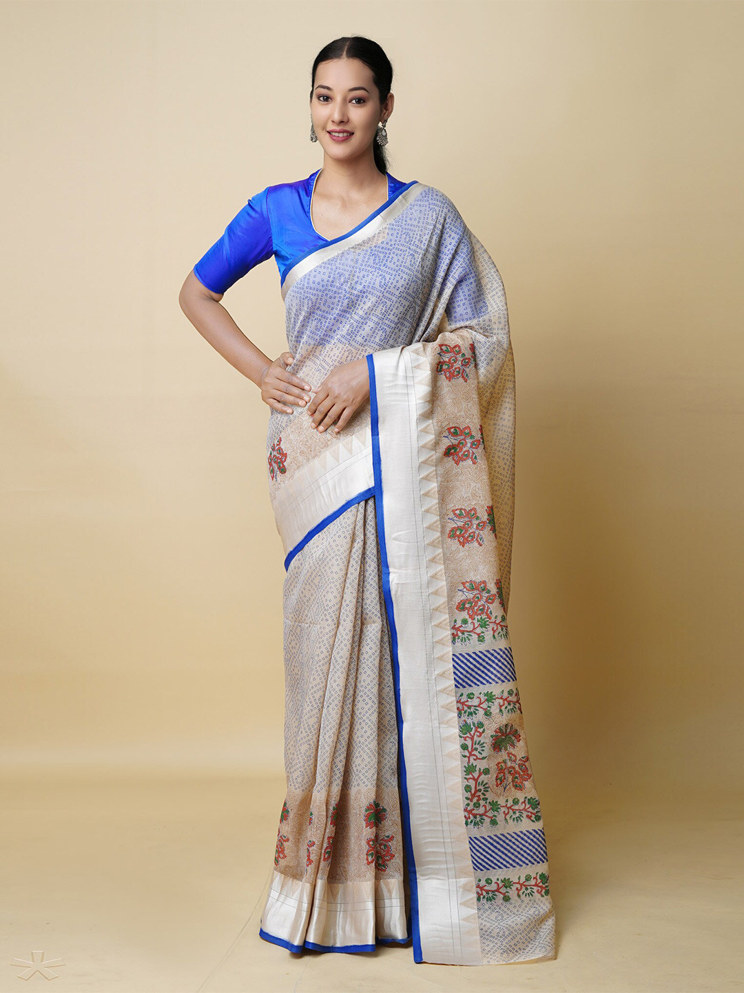 

Unnati Silks Ethnic Motifs Printed Chanderi Saree, Cream