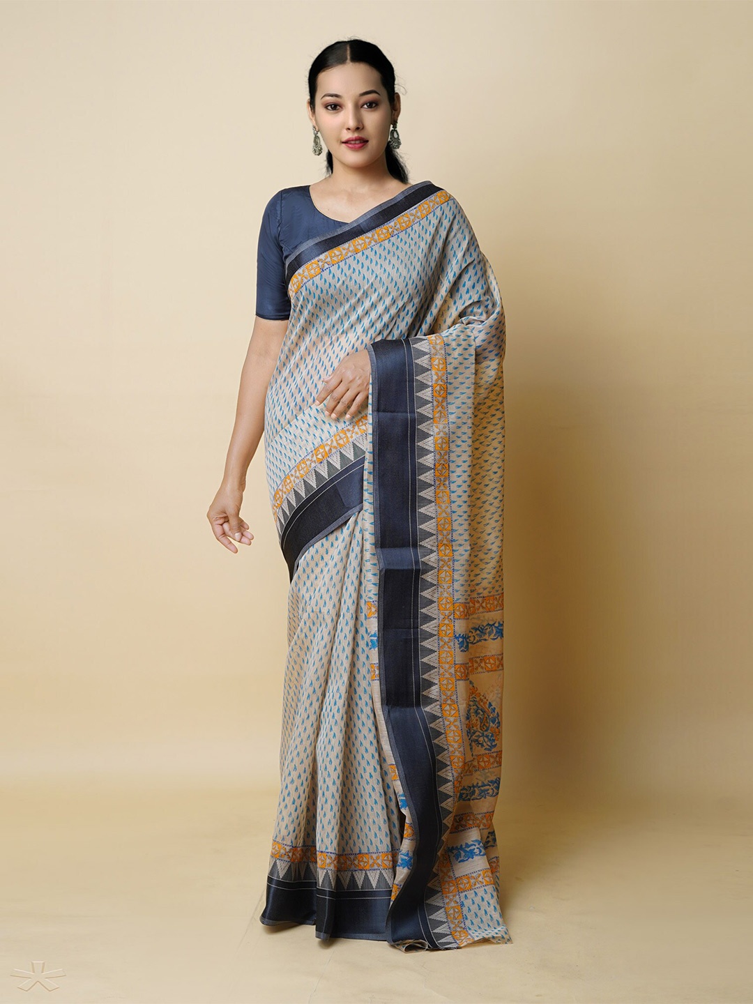 

Unnati Silks Ethnic Motifs Printed Chanderi Saree, Cream