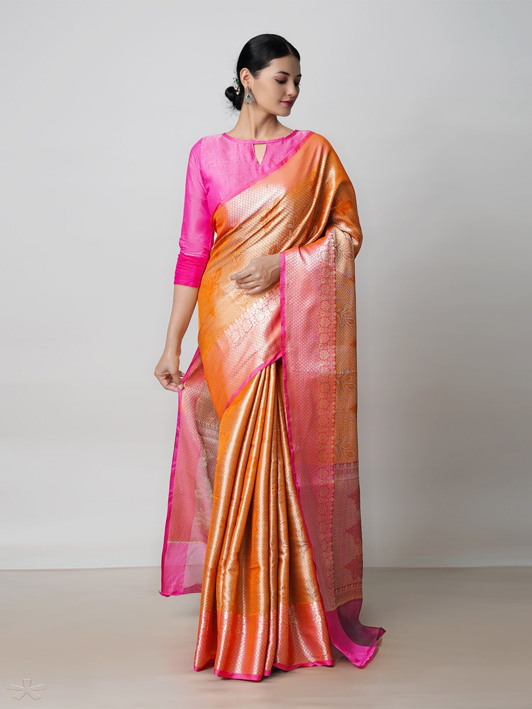 

Unnati Silks Floral Woven Design Zari Silk Cotton Banarasi Saree, Orange