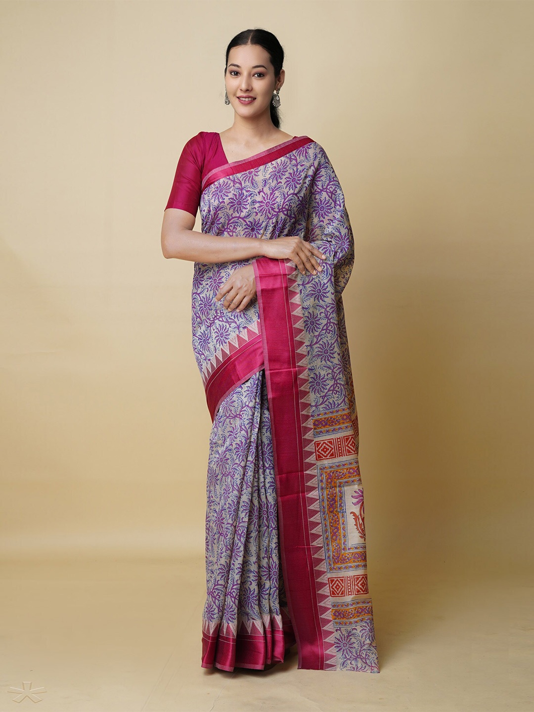 

Unnati Silks Floral Printed Silk Cotton Chanderi Saree, Cream