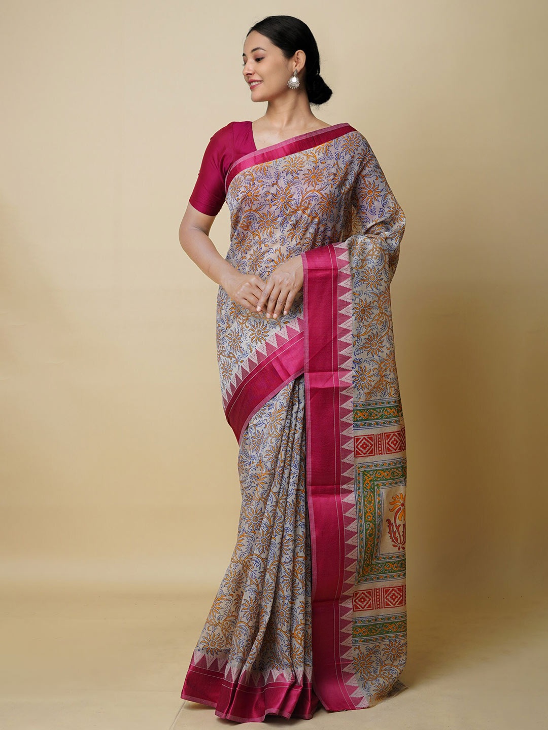 

Unnati Silks Floral Printed Chanderi Saree, Cream