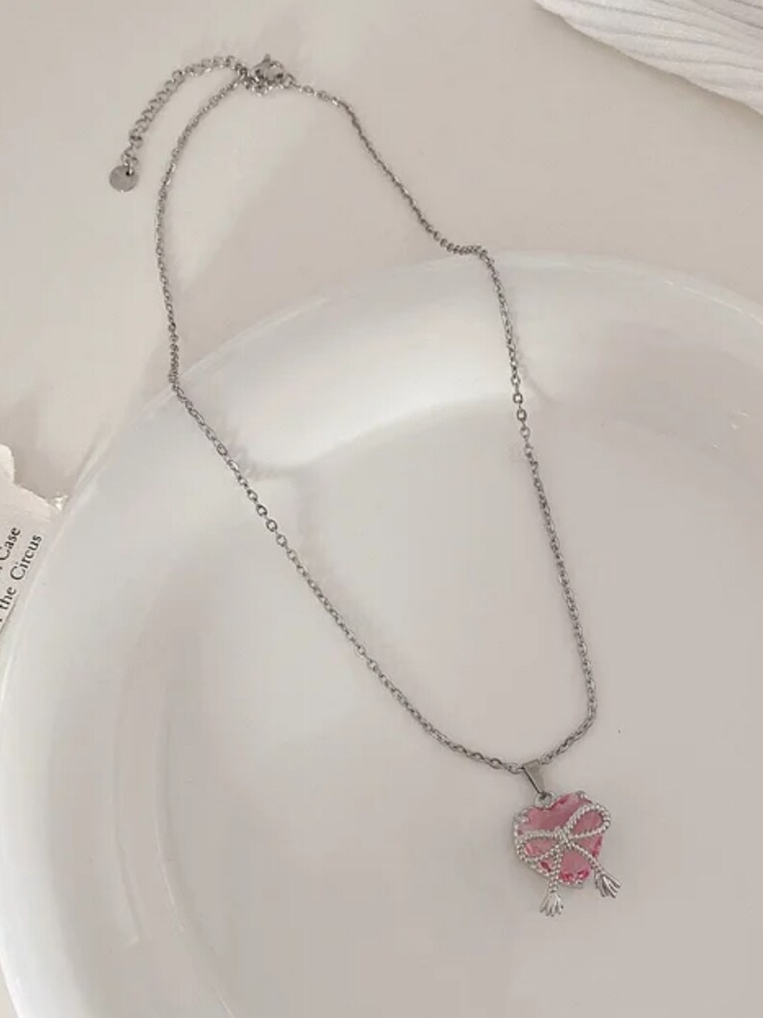 

SALTY Stainless Steel Artificial Stones Studded Heart & Bow Necklace, Silver