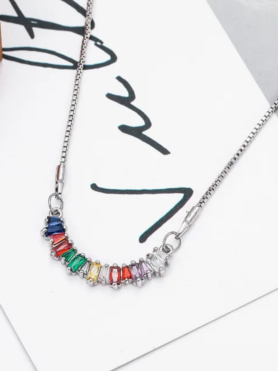 

SALTY Stainless Steel Artificial Stones Studded Necklace, Silver