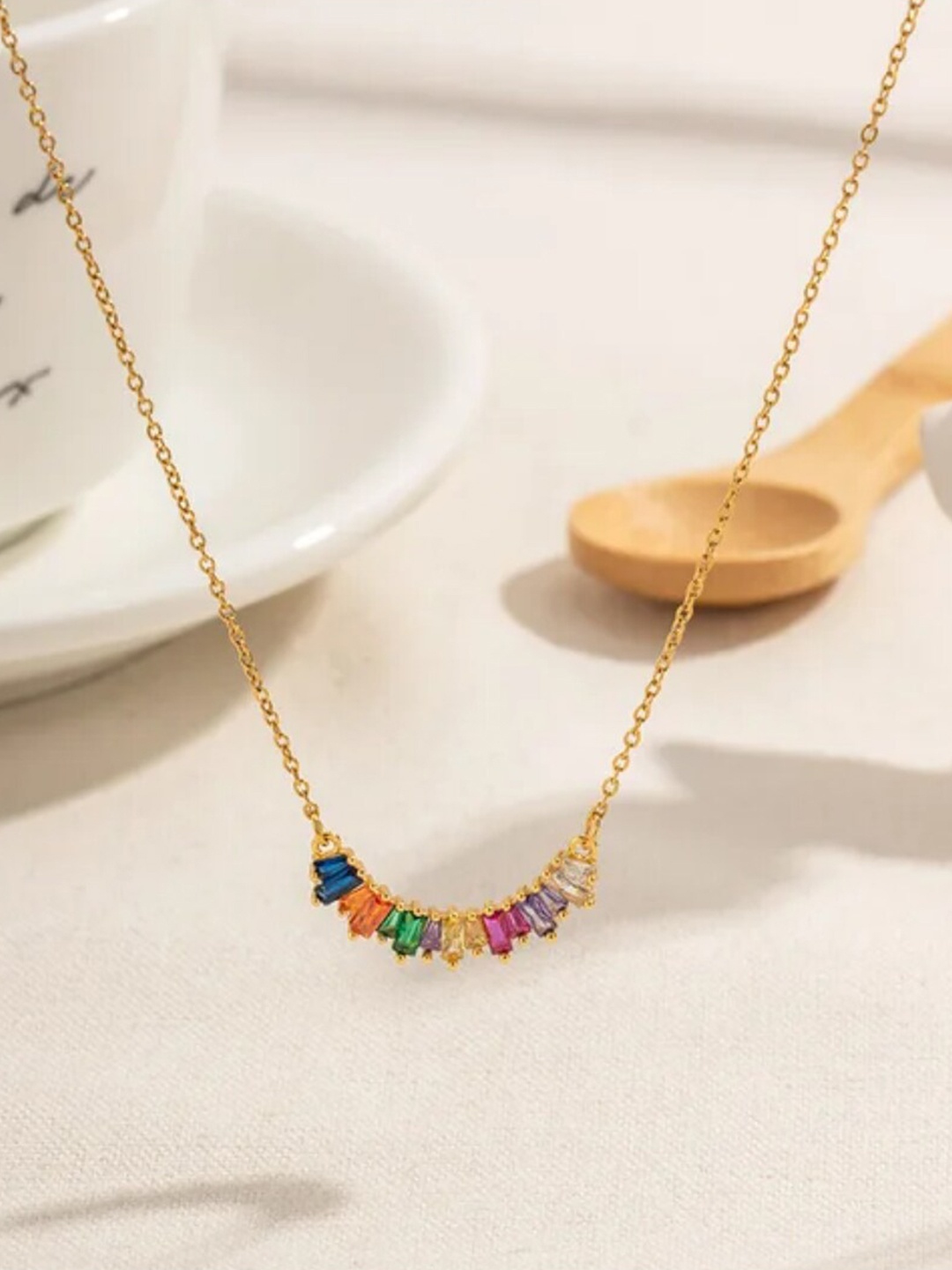 

SALTY Stainless Steel Artificial Stones Studded Necklace, Gold