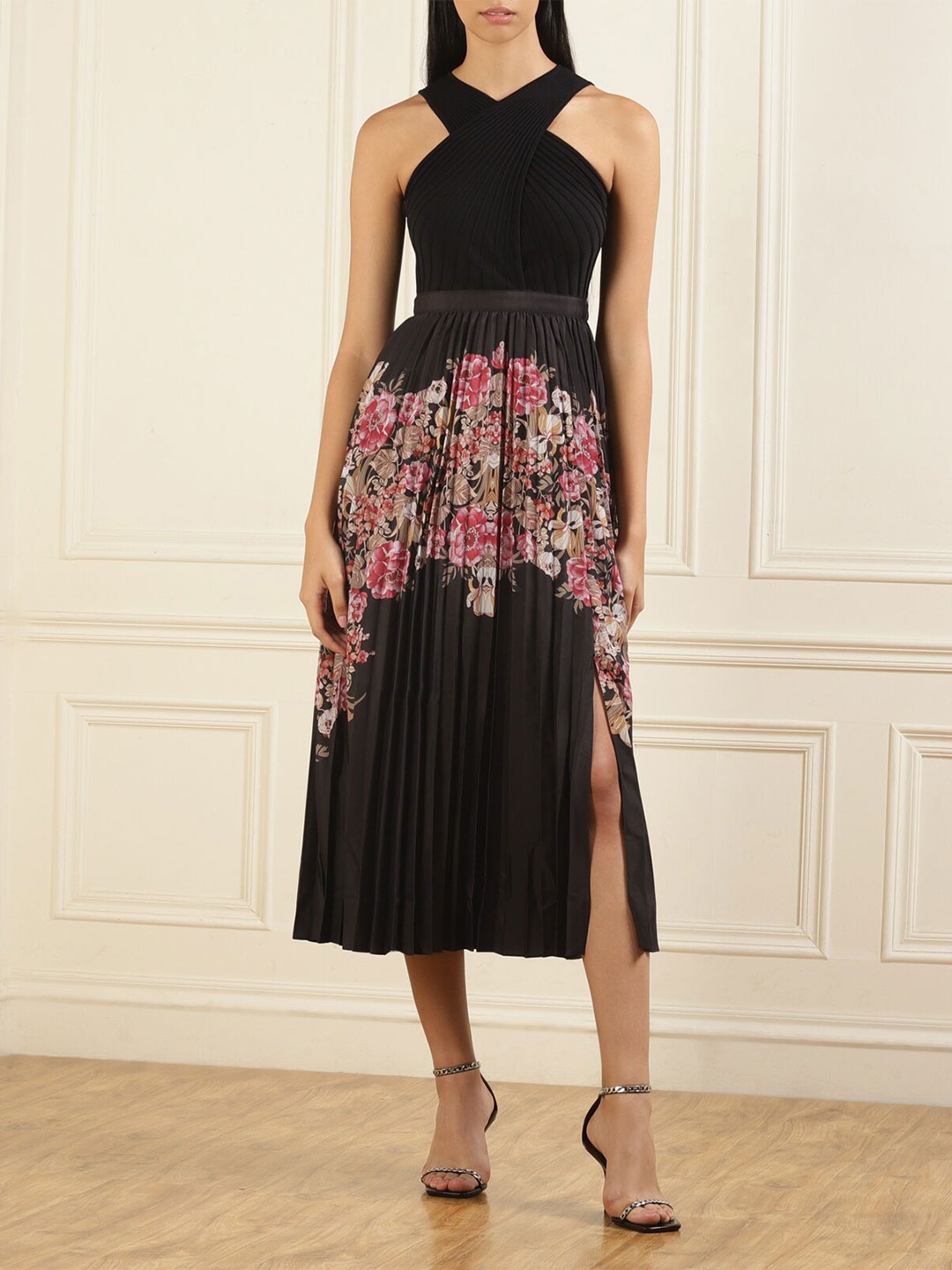 

Ted Baker Floral Print Accordion Pleated Fit & Flare Midi Dress, Black