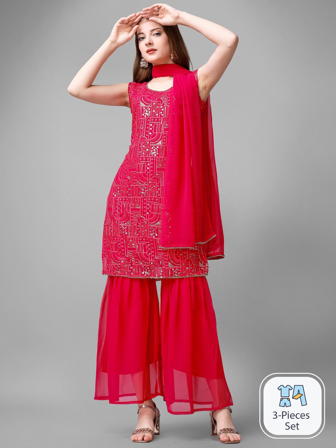 

KALINI Embroidered Sequinned Georgette Kurta with Trousers & With Dupatta, Red