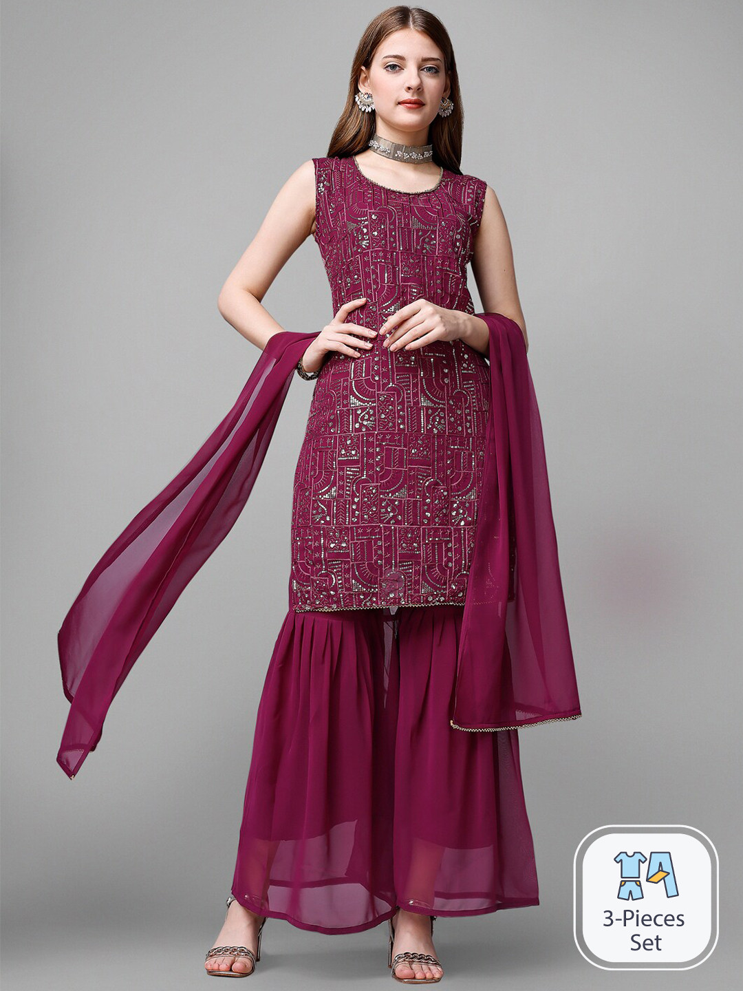 

KALINI Ethnic Motifs Embroidered Sequinned Georgette Kurta with Trousers & With Dupatta, Purple