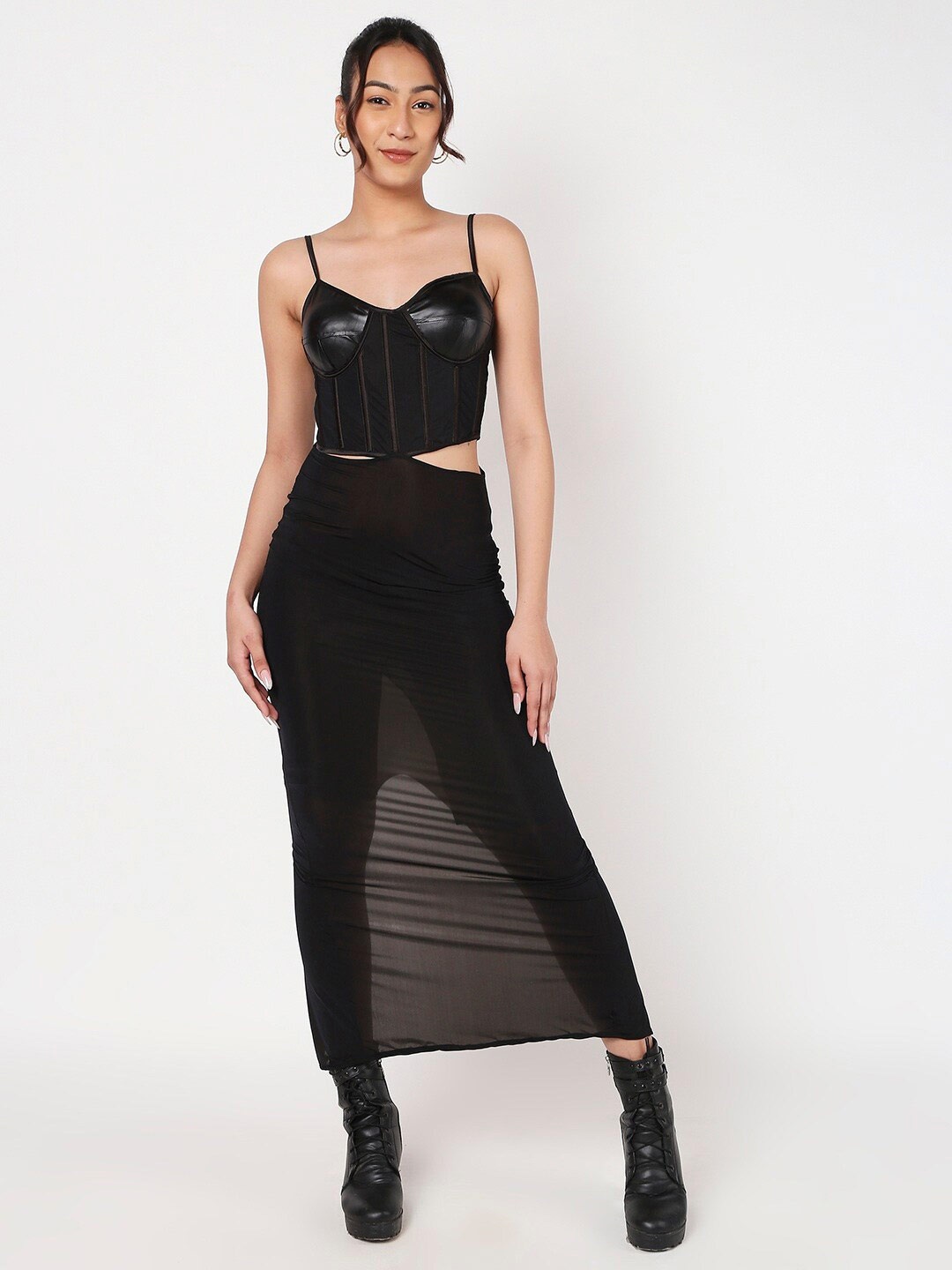 

LIYOKKI Shoulder Straps Cut-Outs Leather Maxi Dress, Black
