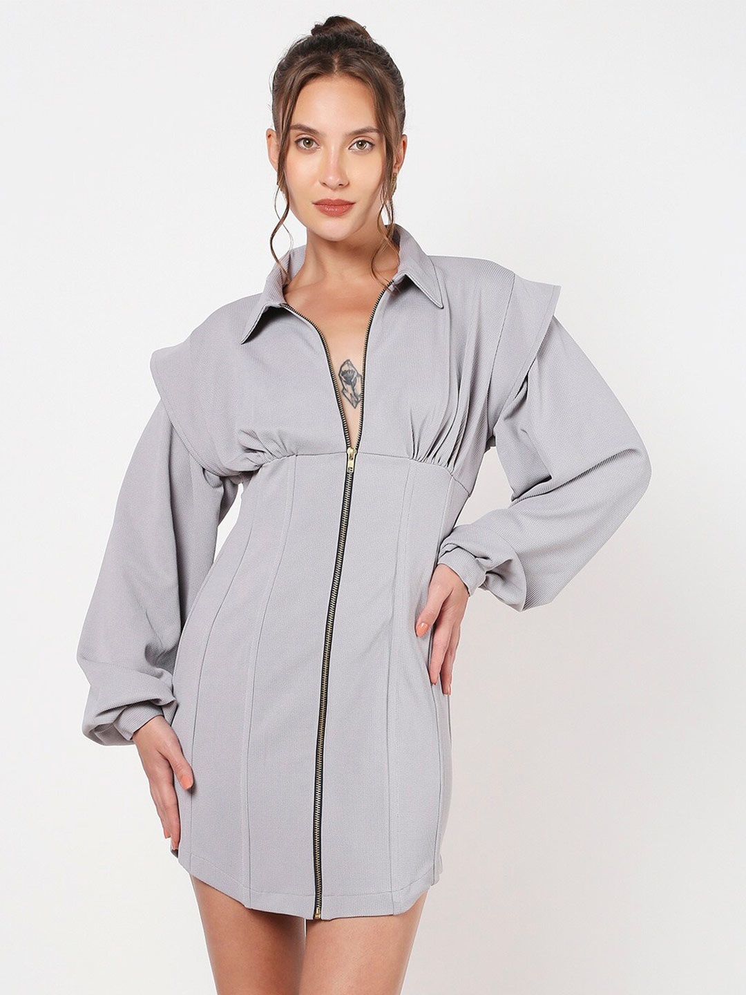 

LIYOKKI Cuffed Sleeves Shirt Mini Dress, Grey