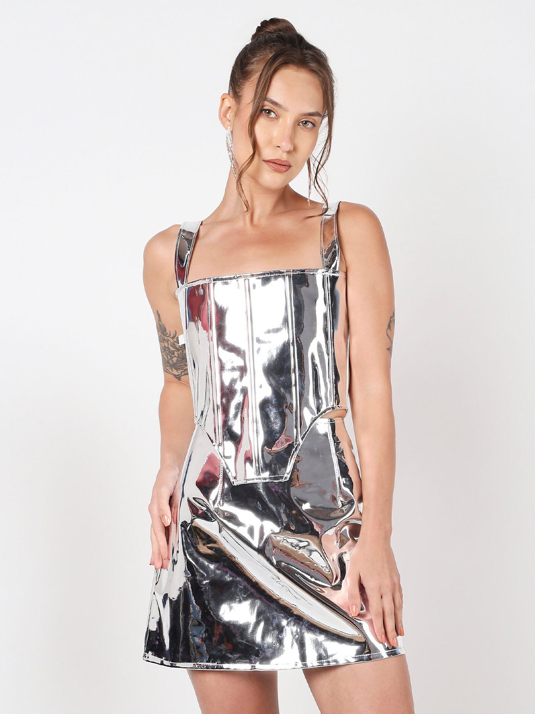 

LIYOKKI Shoulder Straps Leather A-Line Mini Dress, Silver