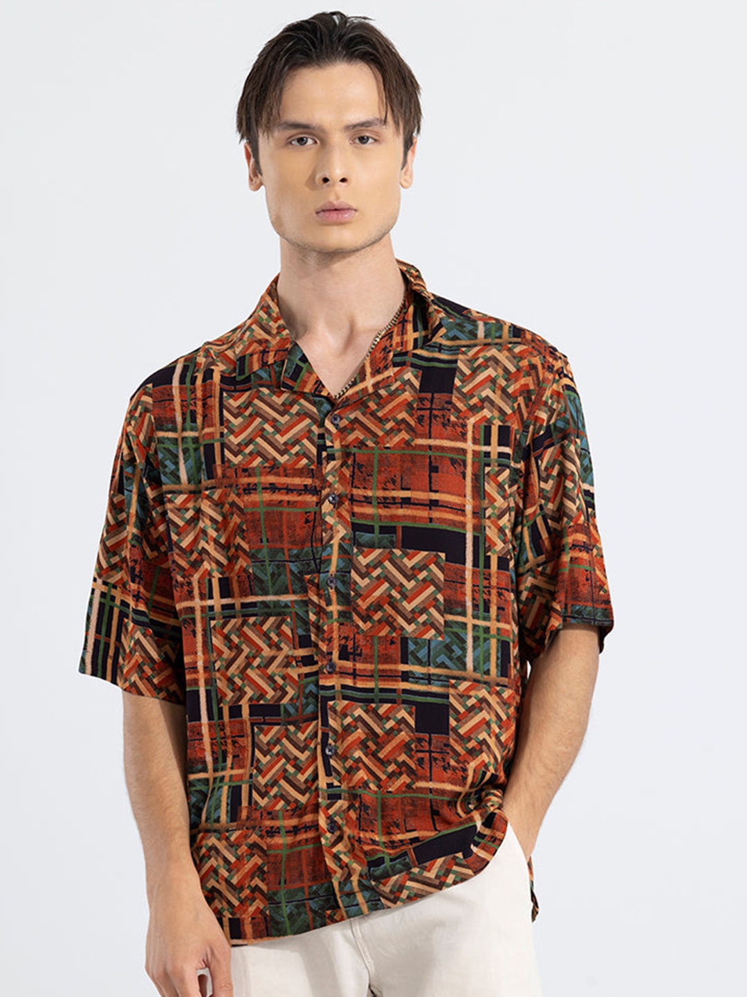

Snitch Orange Classic Geometric Printed Casual Shirt