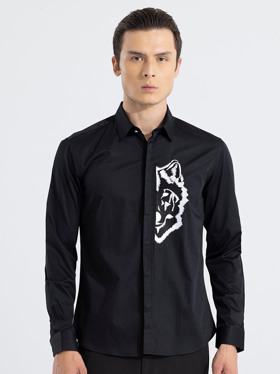

Snitch Classic Slim Fit Embroidered Pure Cotton Casual Shirt, Black