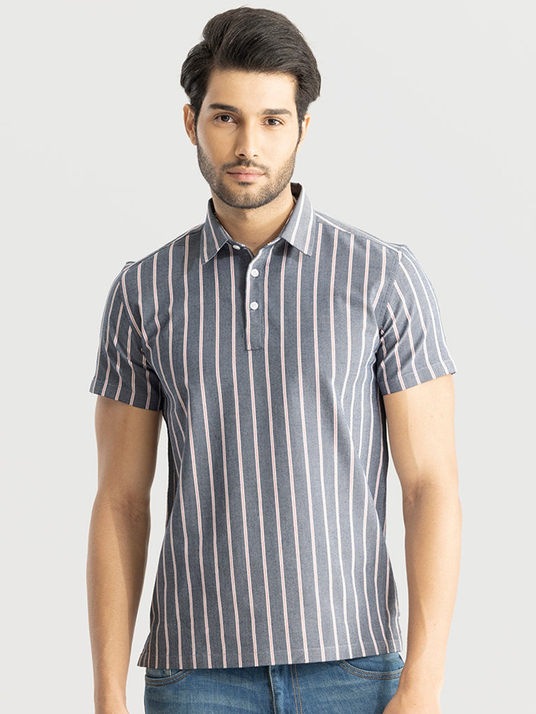 

Snitch Striped Polo Collar T-shirt, Grey