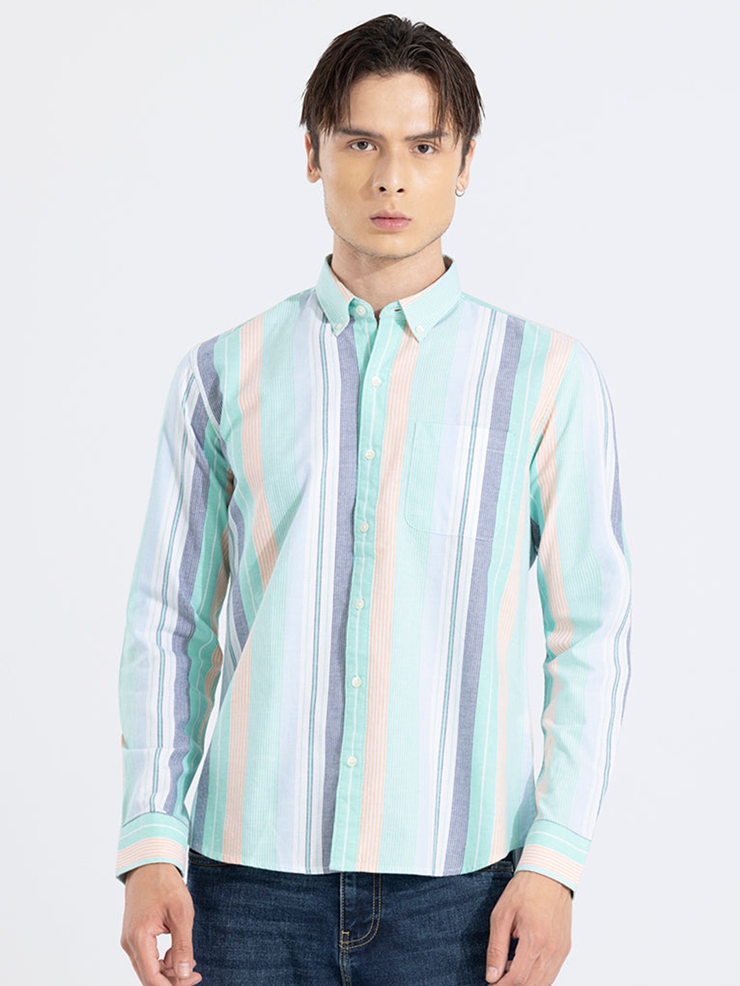 

Snitch Green & Yellow Classic Slim Fit Vertical Stripes Casual Pure Cotton Shirt