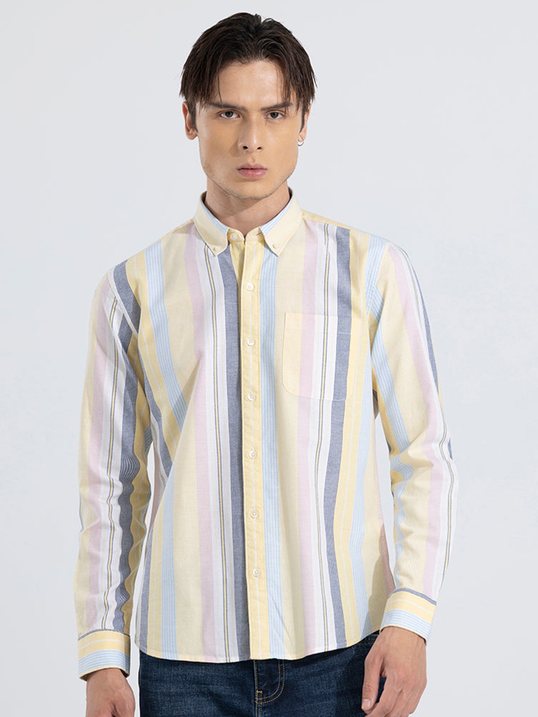 

Snitch Yellow Classic Slim Fit Opaque Striped Pure Cotton Casual Shirt