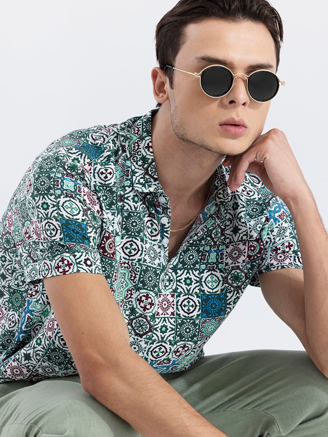 

Snitch Ethnic Motifs Printed Polo Collar T-shirt, Green