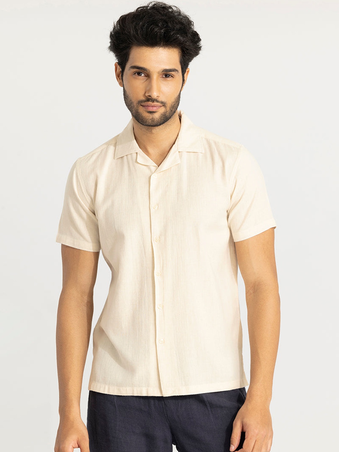 

Snitch Cream Colour Classic Boxy Fit Cuban Collar Pure Cotton Casual Shirt