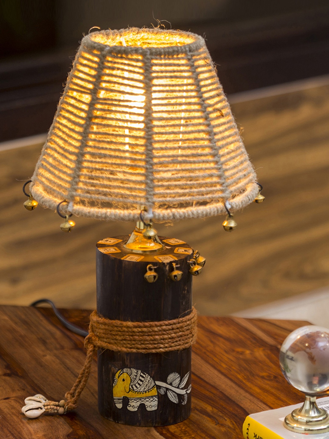 

ExclusiveLane Brown Madhubani Hand-Painted Wooden Table Lamp with Shade
