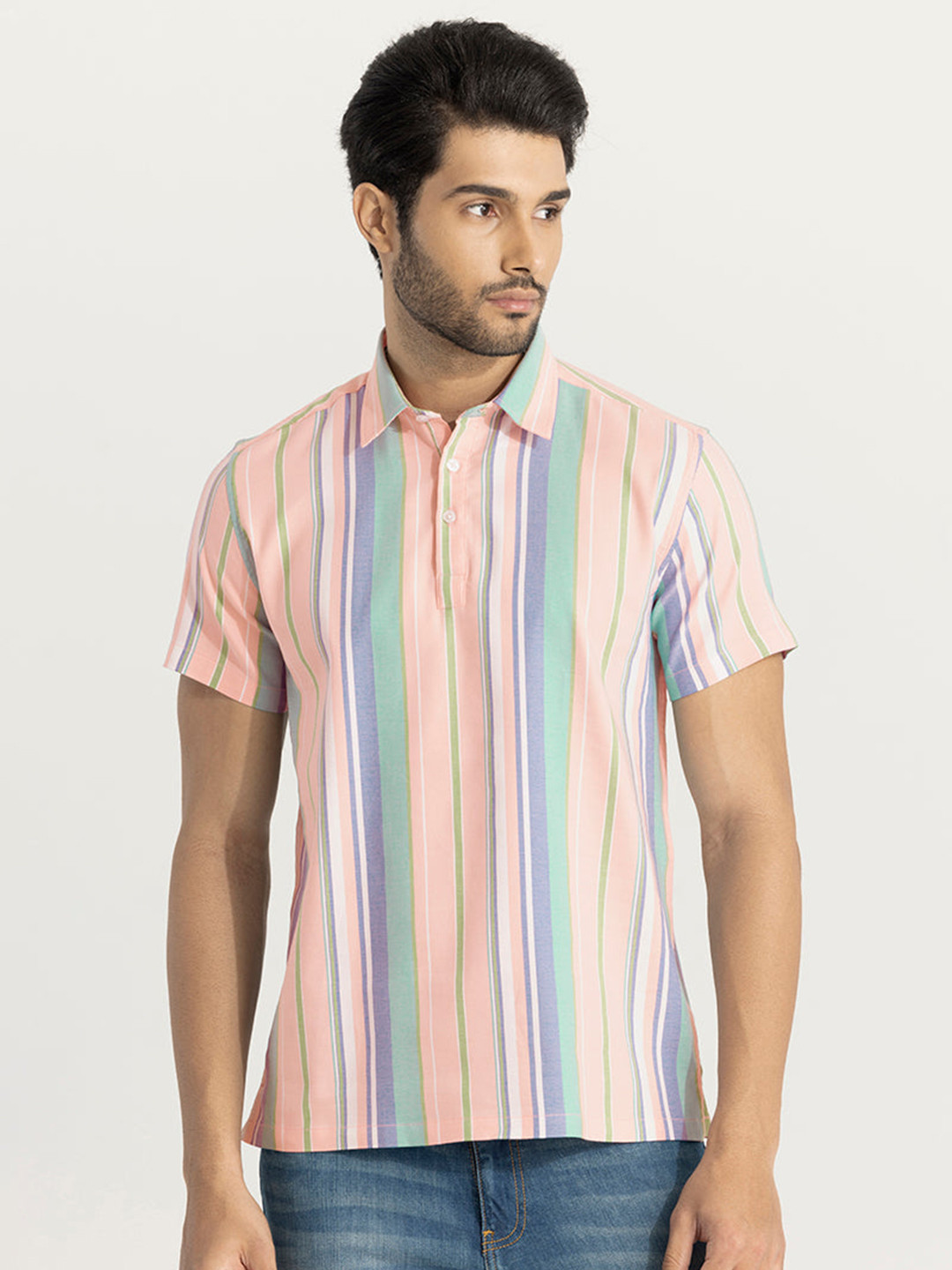 

Snitch Peach-Coloured Vertical Striped Polo Collar T-shirt
