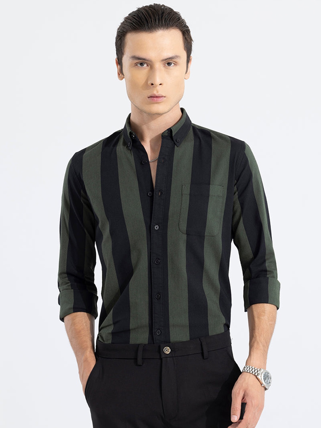 

Snitch Striped Classic Slim Fit Cotton Casual Shirt, Green