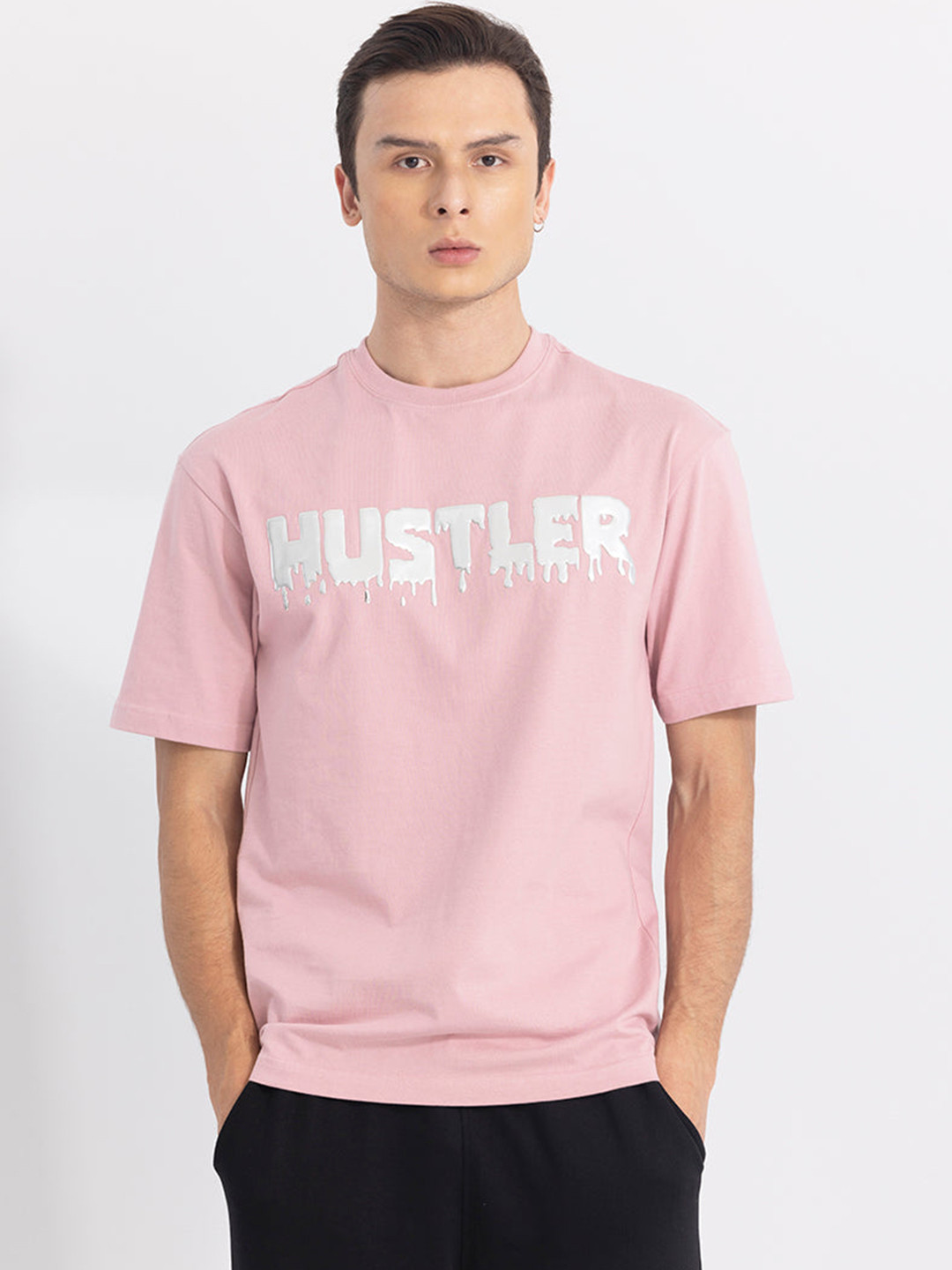 

Snitch Pink Hustler Text Printed Pure Cotton T-shirt