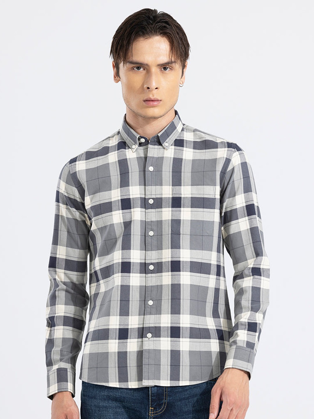 

Snitch Classic Slim Fit Tartan Checked Button-Down Collar Pure Cotton Casual Shirt, Grey
