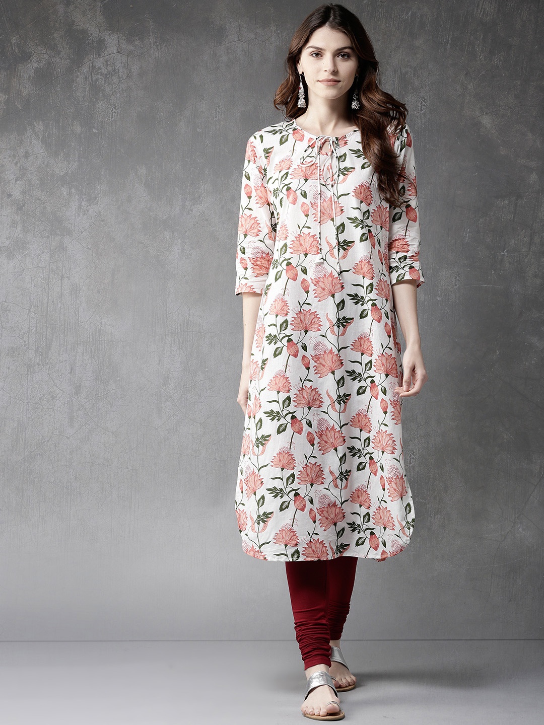 

Anouk Women White & Peach-Coloured Floral Printed Straight Kurta