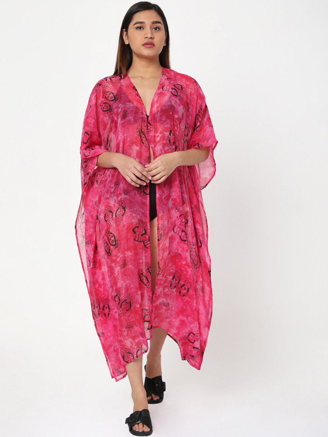 

Ashtag Flip-Flop Printed Kaftan Maxi Swimwear Cover-Up Top, Pink