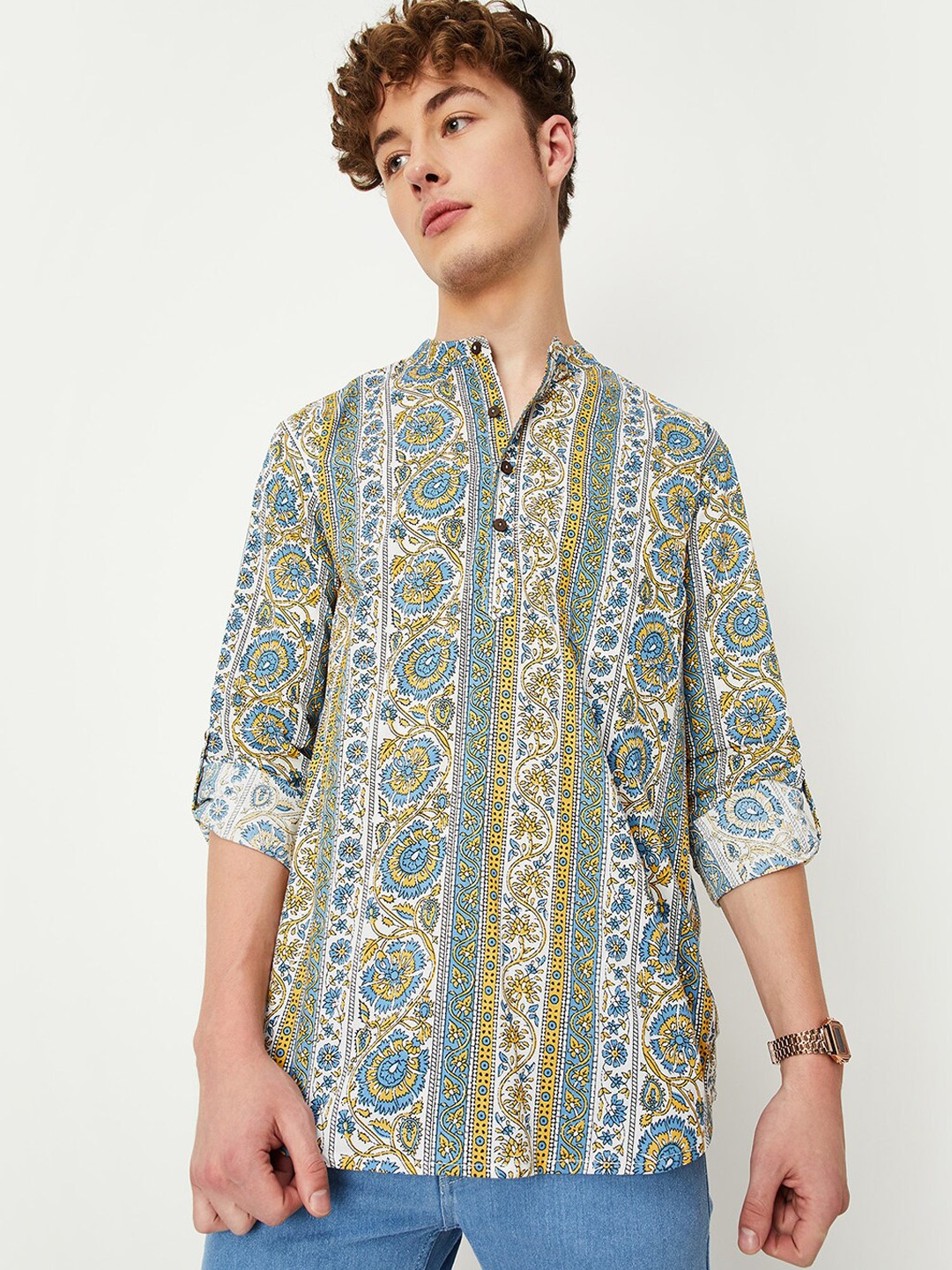 

max Floral Printed Cotton Mandarin Collar Roll-Up Sleeves Kurta, Yellow