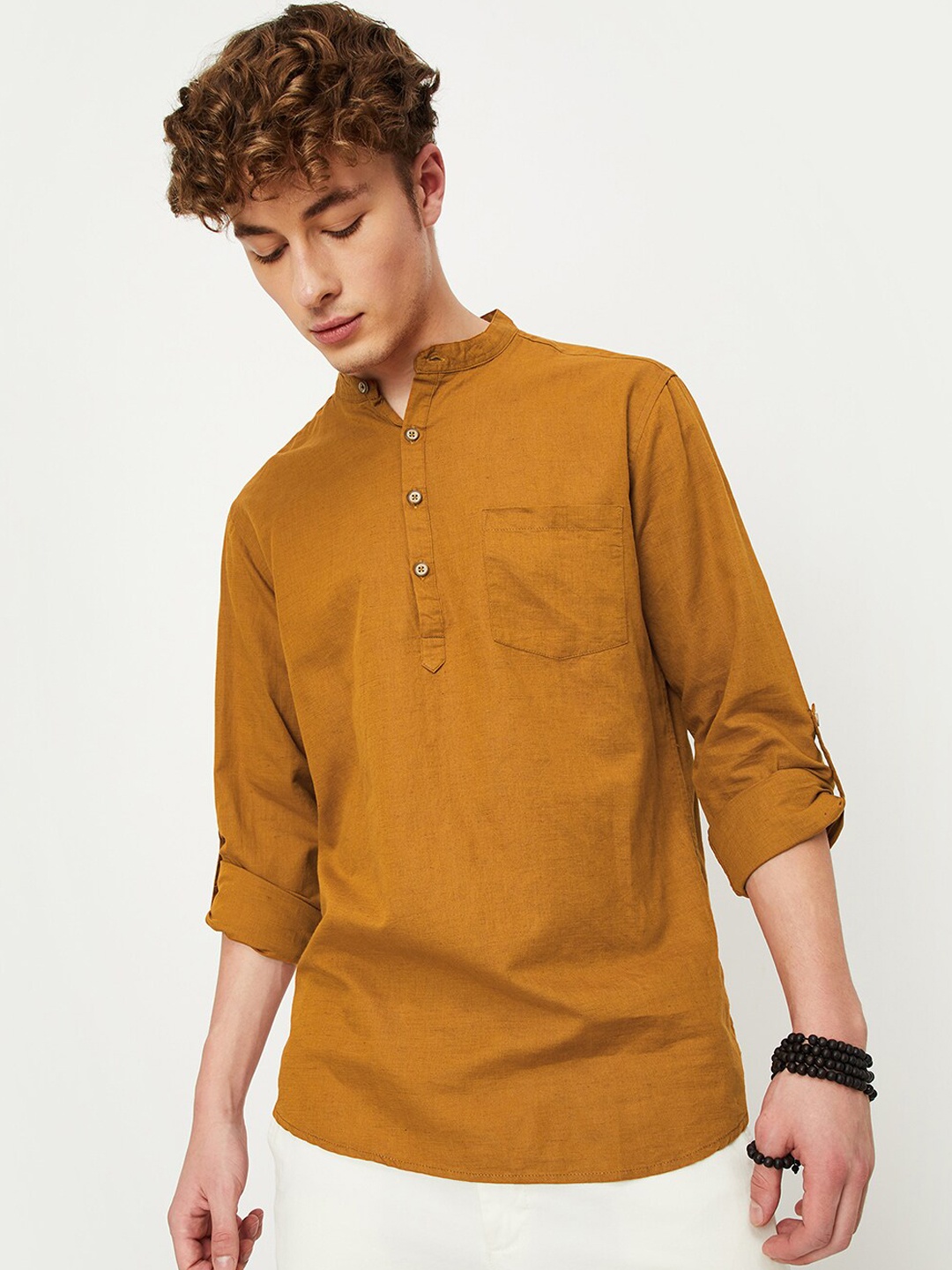 

max Cotton Mandarin Collar Roll-Up Sleeves Kurta, Mustard