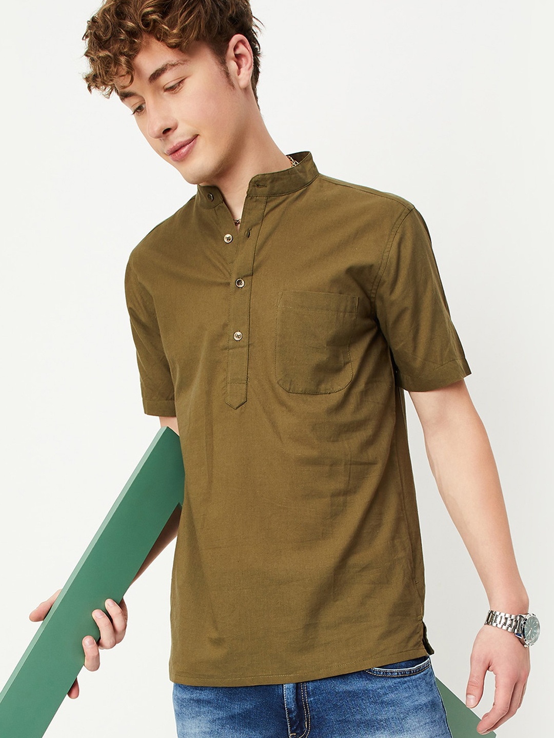 

max Cotton Mandarin Collar Kurta, Olive