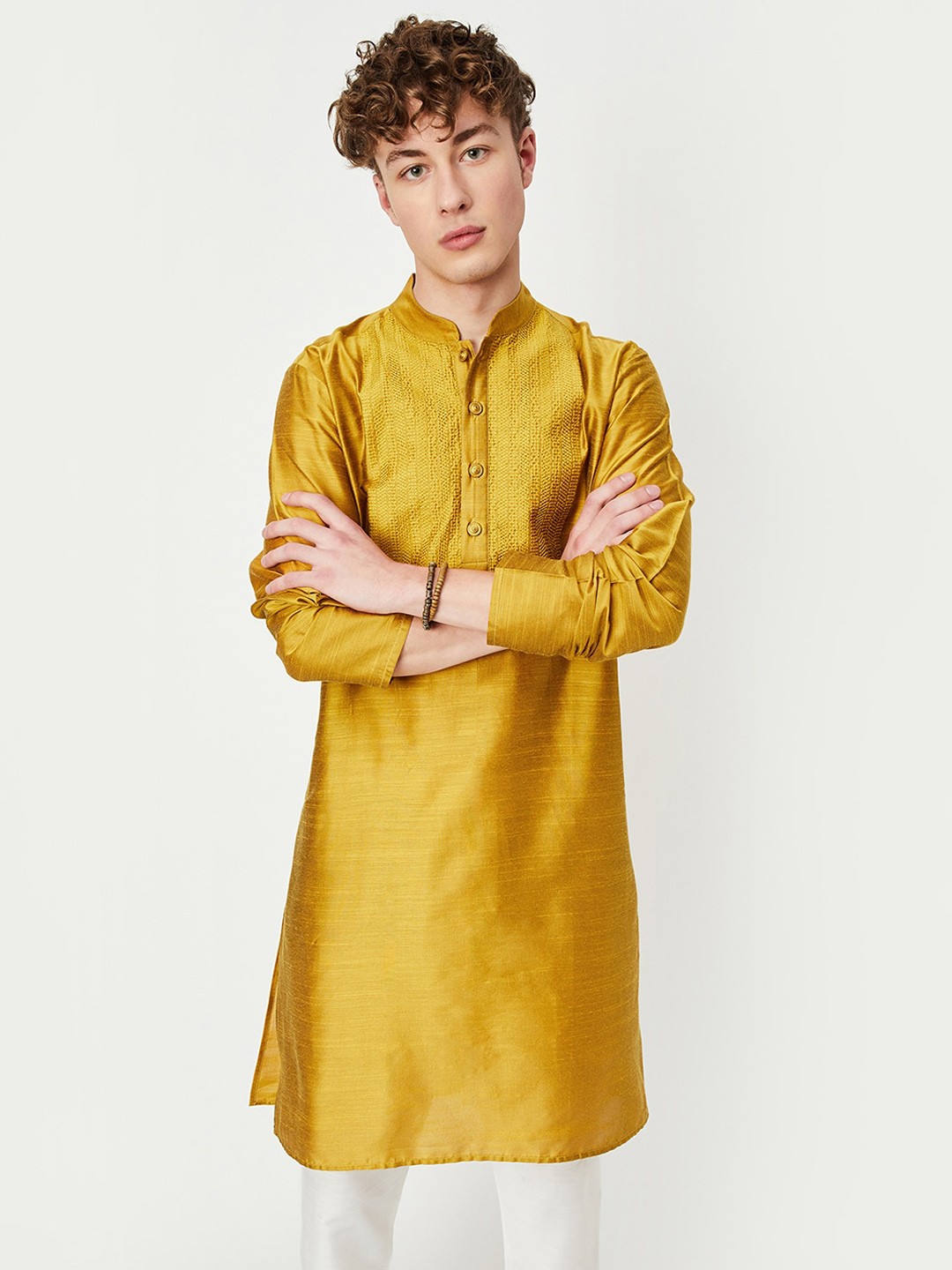 

max Mandarin Collar Thread Work Straight Kurta, Mustard