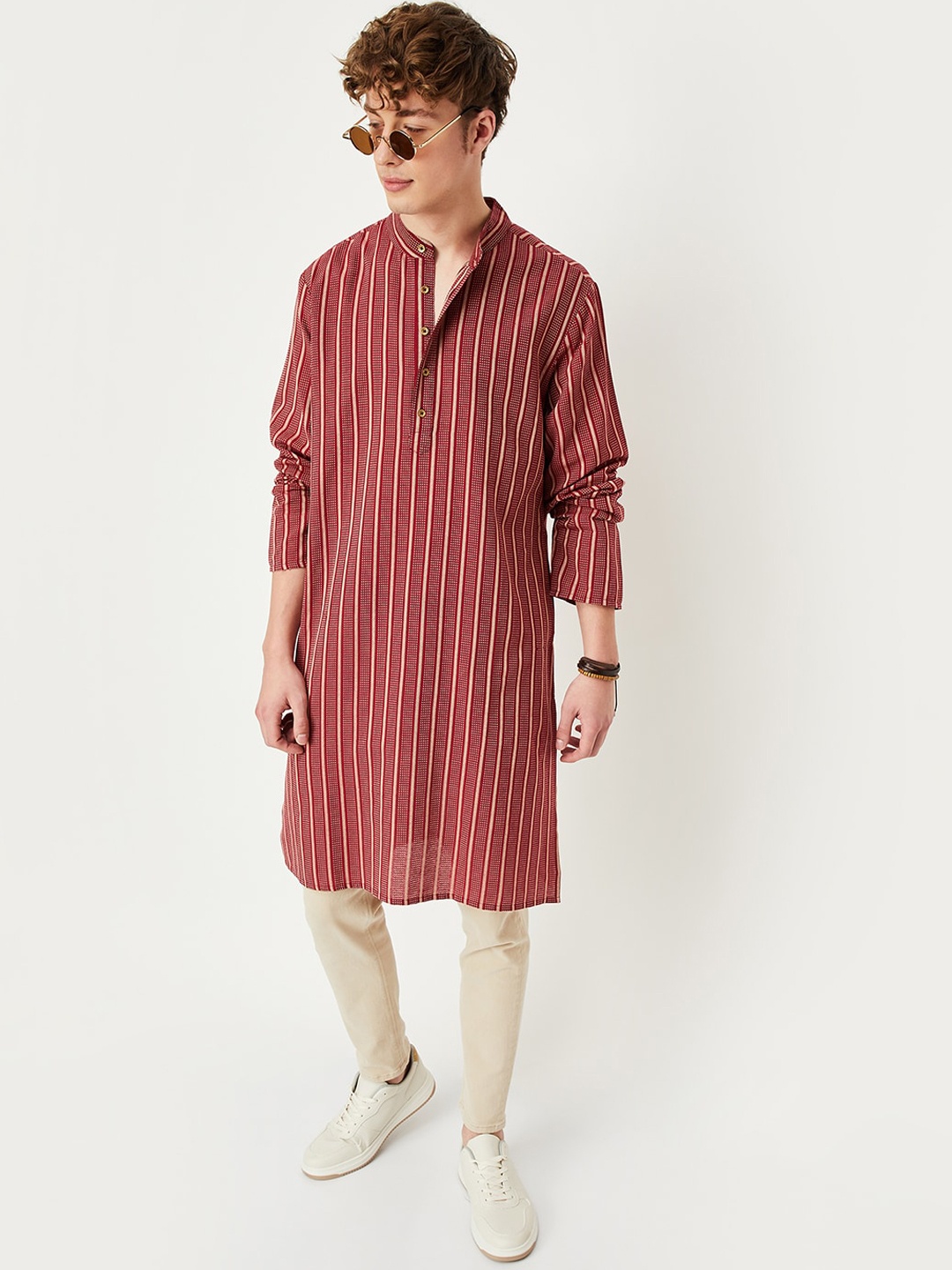 

max Striped Cotton Mandarin Collar Straight Kurta, Red