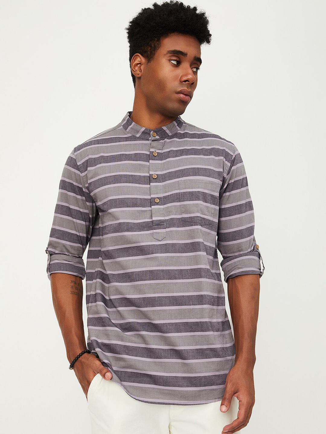 

max Striped Cotton Mandarin Collar Roll-Up Sleeves Kurta, Brown