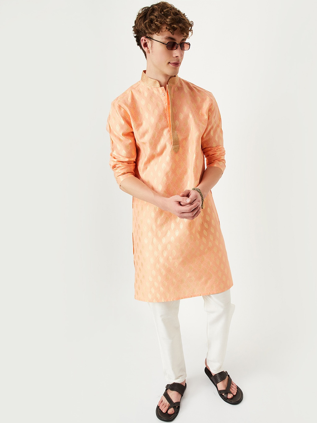 

max Ethnic Motifs Woven Design Mandarin Collar Straight Kurta, Pink