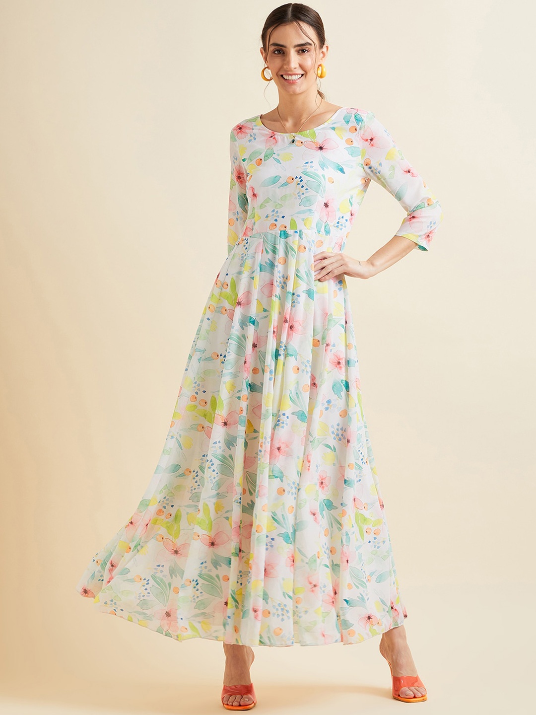 

PANIT Floral Printed Georgette Fit & Flare Maxi Dress, White