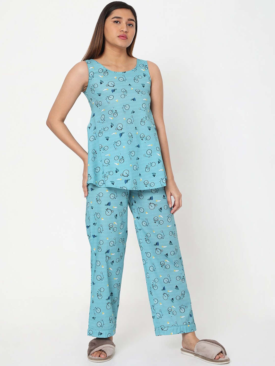 

Ashtag Printed Pure Cotton Top And Pyjamas Night Suit, Blue