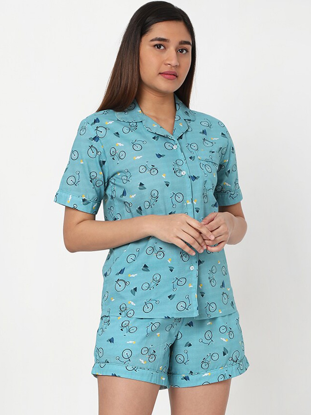 

Ashtag Conversational Printed Shirt Collar Cotton Night Suit, Blue